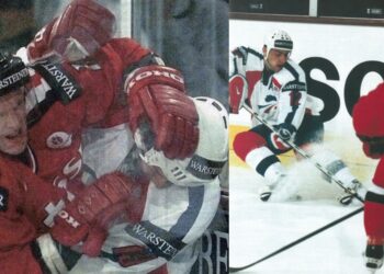 Joueurs de hockey sur glace en plein contact