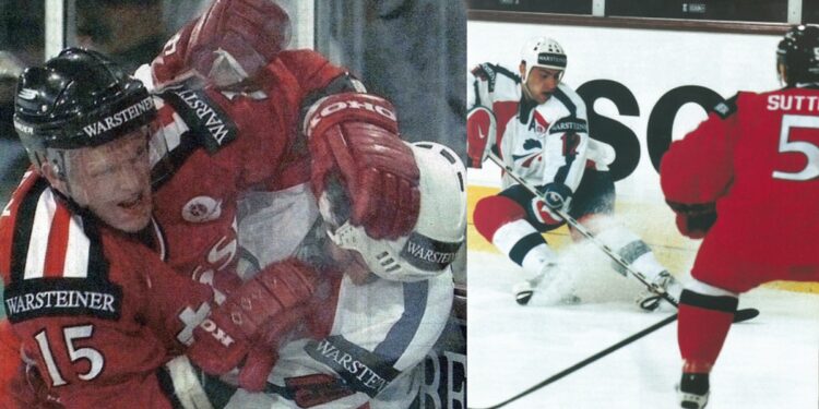 Joueurs de hockey sur glace en plein contact