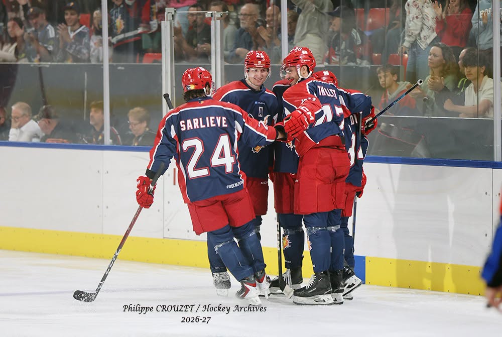 Joueurs de hockey célébrant un but près des gradins