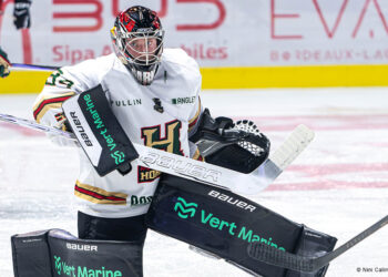 Gardien de hockey sur glace en pleine parade